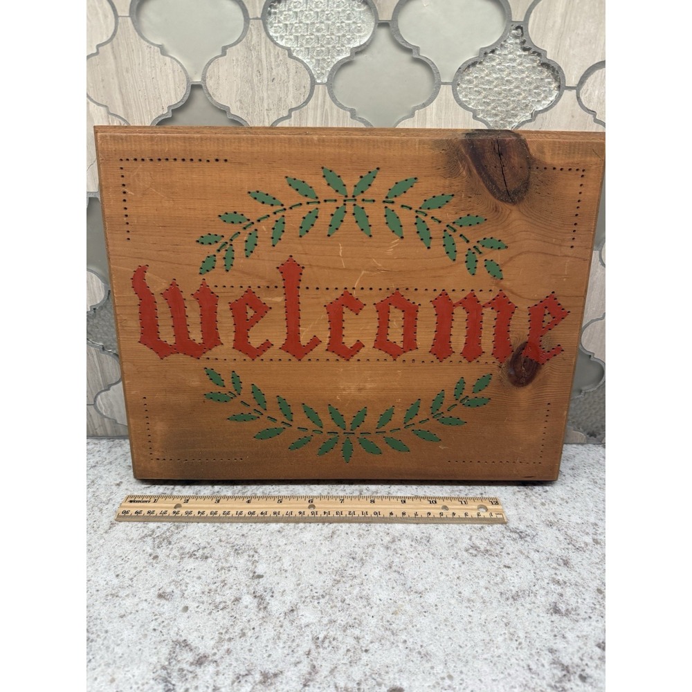 Vintage Welcome Wood Hang Sign Handmade Painted And Punched‎ Cottage Core Nice